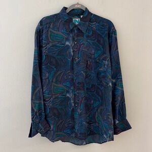 In Private Mens Medium  100% Silk Abstract Mosaic Button Down Shirt Blue Teal